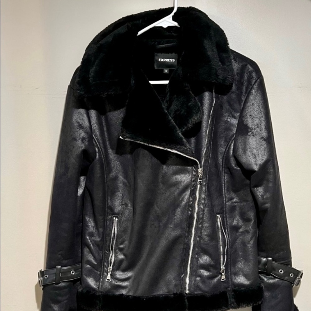 Express Faux fur and suede black motorcycle jacket, size XS